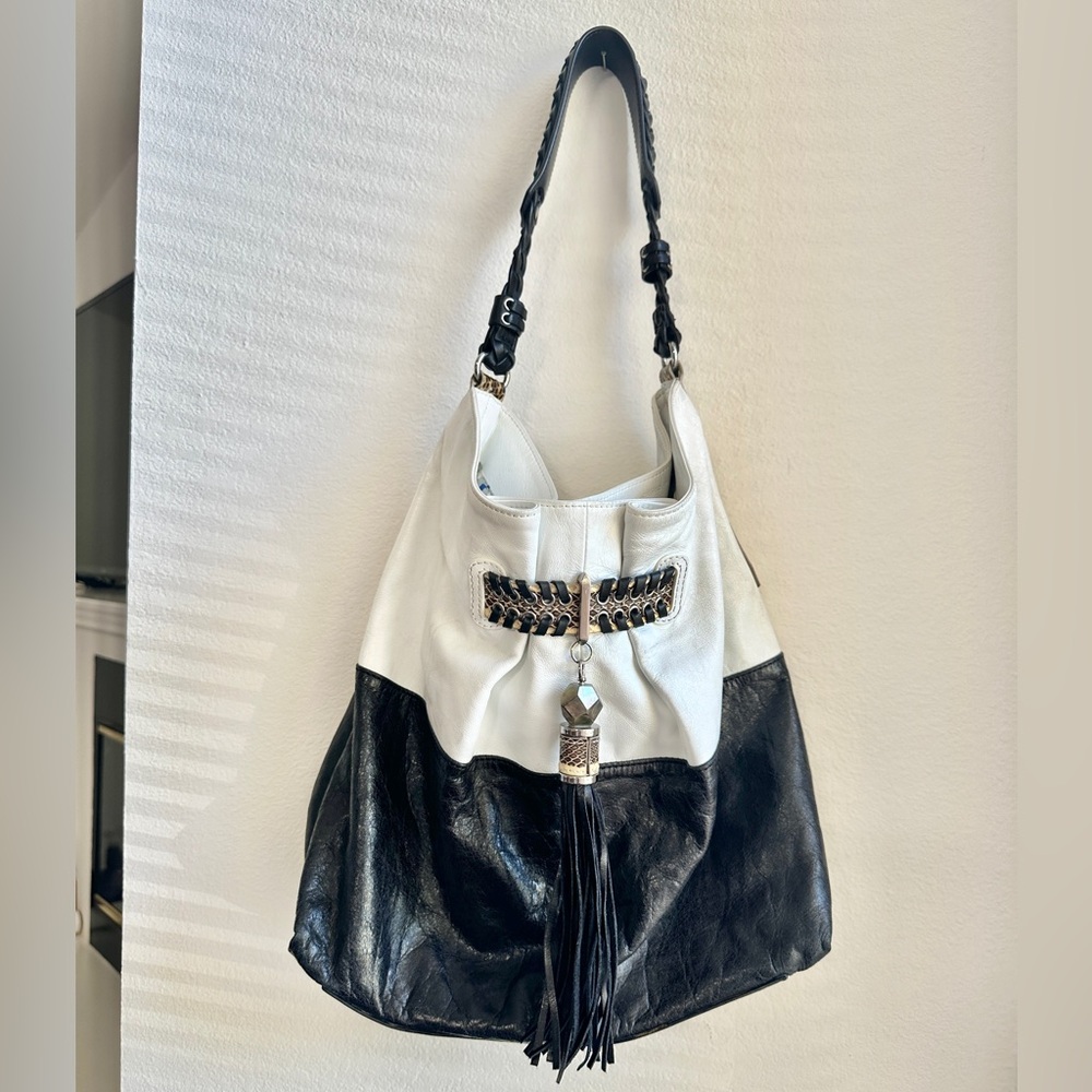 Rafe New York Two-Tone Black and White Leather Shoulder Bag with Croc Accents